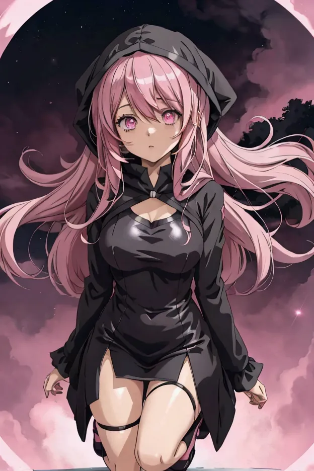 anime girl, full body, black hood, pink long hair, pink pupils, pink tight dress with with white accents. night sky background