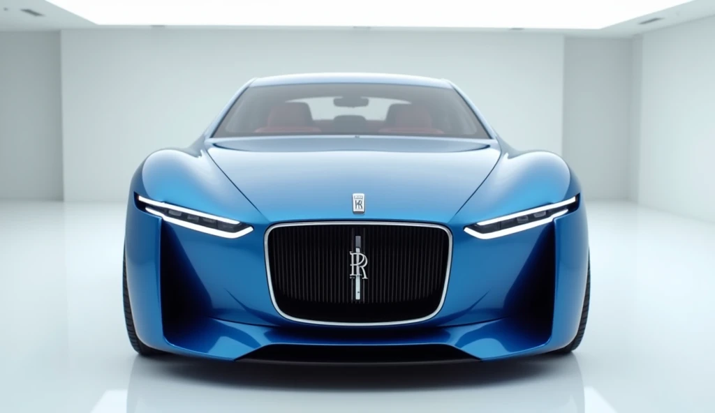 A detailed (front) view of the ( 2025 Rolls Royce ) concept car, showcasing its sleek design in a pristine (blue) color. The car is positioned in a modern, minimalistic white showroom, highlighting its aerodynamic curves and futuristic headlights."