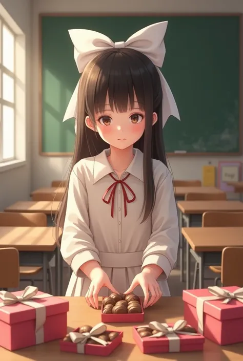 Female schoolgirl tied in white bow is putting boxes of chocolates on the table in the classroom