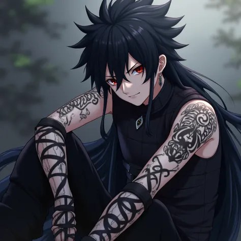 Solo, 1male, High Resolution, Anime, Anime style, Cinematic, Cinematic Lighting, Image Fill, long spiky black hair with bangs that dangle all the way down to my eyes, black sclera, dark red pupils, scar stretch between my eyes, numerous body scars, X chest...