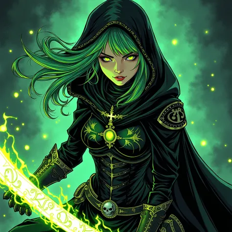 A mysterious female warrior illustrated in a Japanese manga comic style, featuring bold ink lines, dynamic shading, and dramatic contrasts. She wears a dark, hooded cloak adorned with intricate gothic designs, with her glowing neon-green hair flowing wildl...