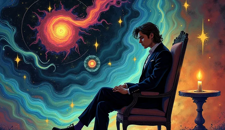 Illustrate a contemplative figure seated in a vintage chair, deep in thought. The character has stylish, wavy hair and wears a neat suit. Surround them with swirling streams of vibrant colors that interweave elements of alchemy and mysticism, such as geome...