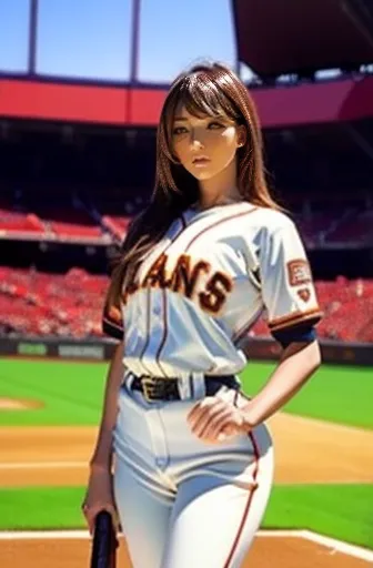 a very beautiful woman wearing a 、standing in the batter box、 a very beautiful woman wearing a yomiuri giants uniform,hit at gia...