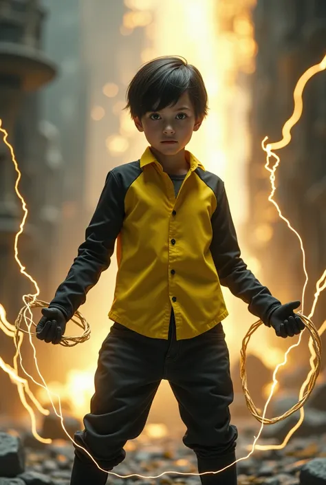 A boy in a yellow shirt and black sleeves with black gloves and with a string standing in the shape of a lightning bolt