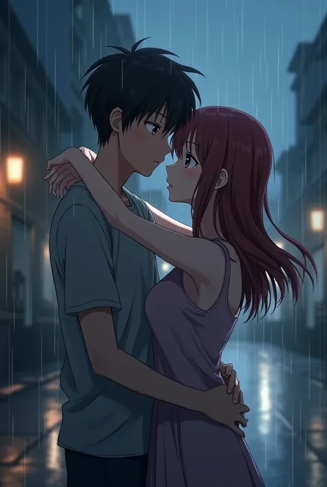 Create a picture of a guy and a girl hugging in the rain in the anime genre