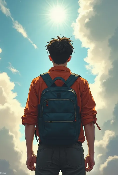 masculine determined teenager boy with a entrepreneurial vision standing tall towards sky and showing back with leaving a mystery