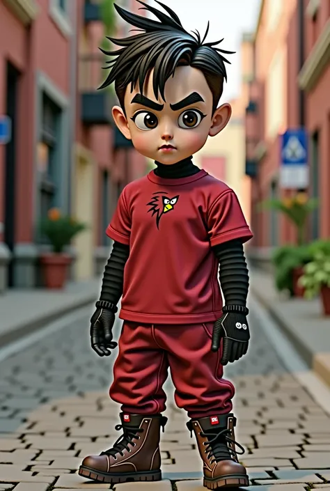 A BOY WITH TWO HAIRS STANDING TO THE RIGHT WEARING A RED T-SHIRT AND BLACK SLEEVES WITH BLACK GLOVES AND BIG EYEBROWS, AS WELL AS A RED OF ANGRY BIRDS