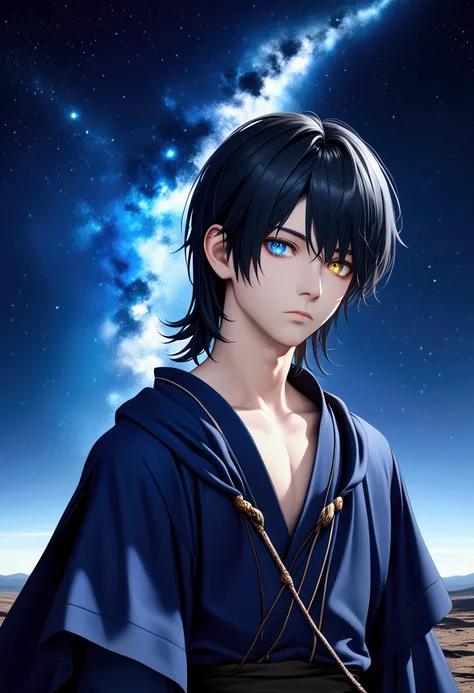 masterpiece, best quality, highres, absurdres, HQ, 4k, male, solo, smooth hair, black hair, asymmetric hair, long right sideburn, short left sideburn, medium hair, straight hair, flat hair, smooth hair, shounen, youthful, expressionless, heterochromia, sil...