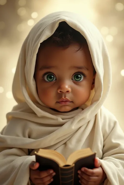  Ultra-realistic image of a green-eyed black female baby,Very chubby girl with perfect gummies ,with a white blanket and veil over her head , baby symbolizes Jesus Christ wearing Jesus clothes with a bible , pointing directly and looking directly at the ca...