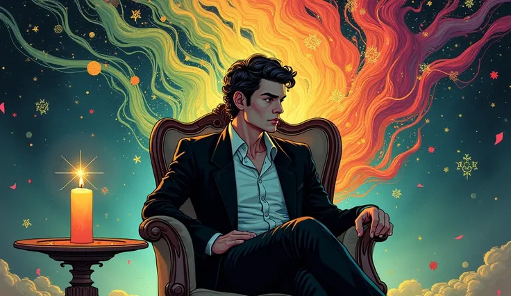 Illustrate a contemplative figure seated in a vintage chair, deep in thought. The character has stylish, wavy hair and wears a neat suit. Surround them with swirling streams of vibrant colors that interweave elements of alchemy and mysticism, such as geome...