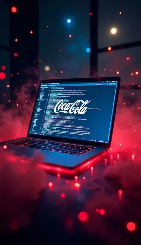 A laptop screen glowing with Coca-Cola’s trade secrets and recipe formulas, surrounded by a dark, smoky room filled with glowing data streams representing stolen information.