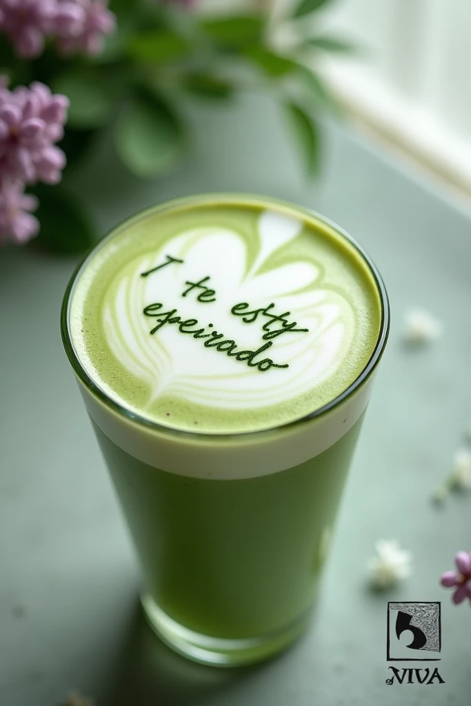 Write about a Matcha latte with lilac touches, that in its foam says: "Im waiting for you" In Spanish please - with the VIVA logo