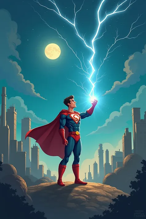 Make a simple cartoon ， about a superhero  using his lightning against pollution，Protect the planet 