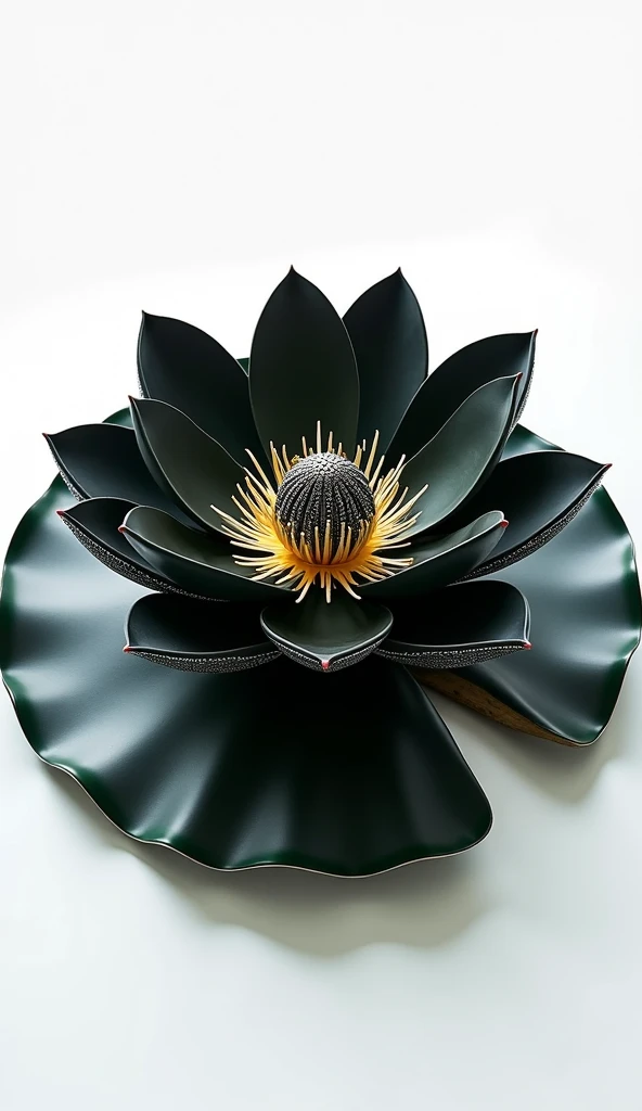 looking from above A uniquely designed sound box speaker in format of a giant Vitória-Régia (Amazon water lily) with a fusion of Miu Miu and Vivienne Westwood styles. 
The water lily has a strong dark black palette with a sleek metallic upper adorned with ...