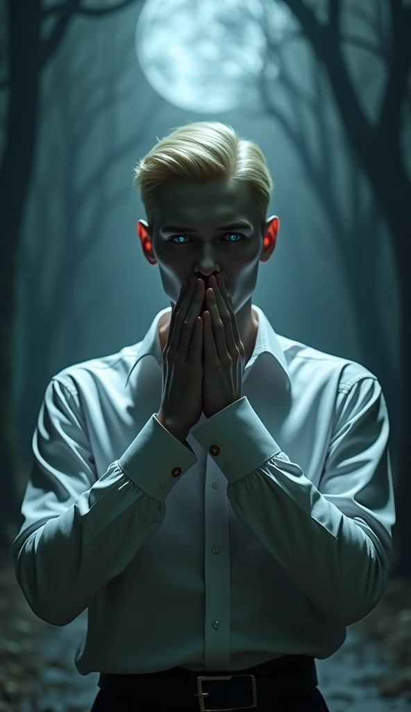 A tall, pale-skinned male vampire with platinum blonde hair and piercing blue eyes stands frozen in shock，he presses his lips together，a mix of confusion and vulnerability，The gothic setting with dramatic shadows and soft moonlight highlights his conflicte...