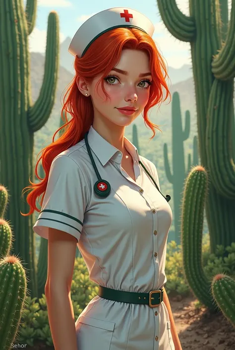 A drawing of a redhead , white skin,  in the center of a cactus garden,  dressed in a nurses uniform .