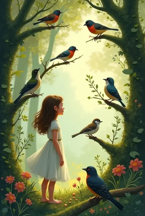 Illustration for a fairy tale about a girl, standing in the forest, who can talk to birds.