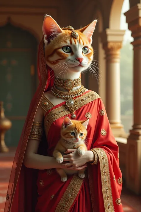 A lady cat wearing heavy sari with jewllery and his kitten too in human body