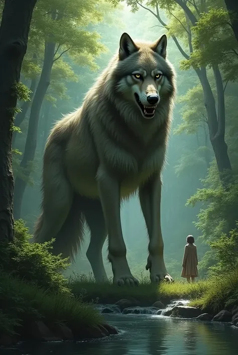 A wolf that swallowed a small girl whole. Has a big swaying belly and is in the woods next to some water, standing on all four paws.