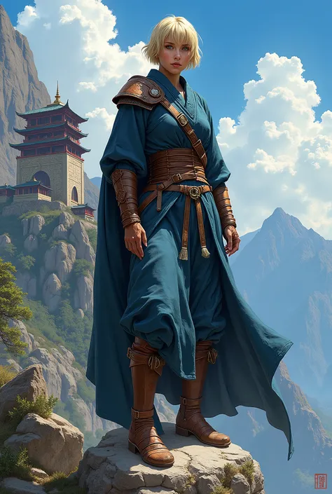 In RPG style, in style of Dungeons & Dragons, in style of fantasy painting. Full body view, looking at the viewer. image of a female monk, short blonde hair. dark blue robe armor with leather elements. leather bracers, leather shoulder pads. dark pants. hi...