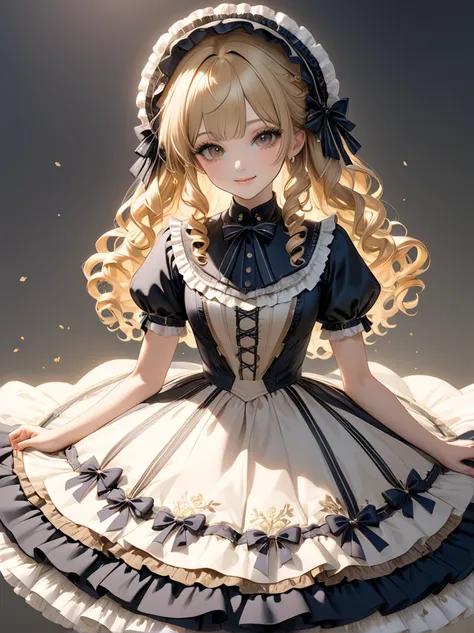 Full body shot 、Blonde hair,sidecurls,curls,bbrown eyes,long eyelashes,black hair、バーバリーチェック柄、タータンチェック柄、victorian dress,puffy short sleeves,frilled dress,collared dress,frilly wide brimmed Bonnet with bows,Fringe bangs  ,bustshot,masterpiece,highress,soft s...