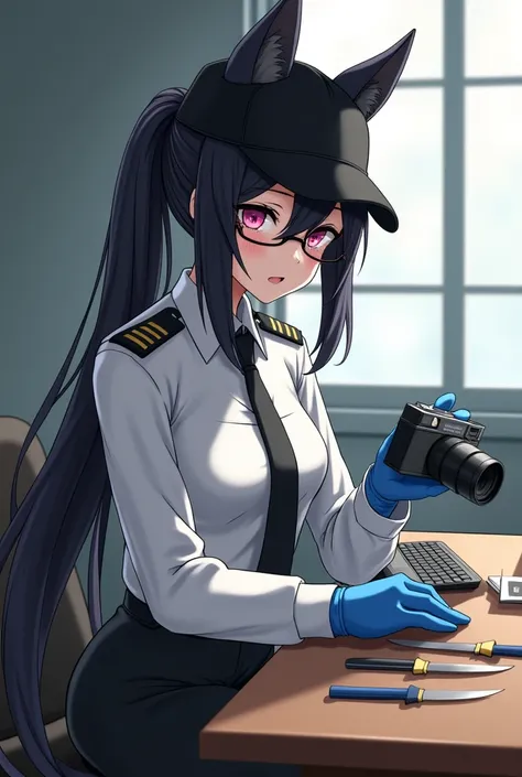 The adut warden female, black long ponytail hair, black dog ears, black dog tail, pink eyes color, glasses, black officer baseball cap, white officer shirt and black tie, black trousers, Blue rubber gloves, she hold a polaroid camera, She examined the pris...