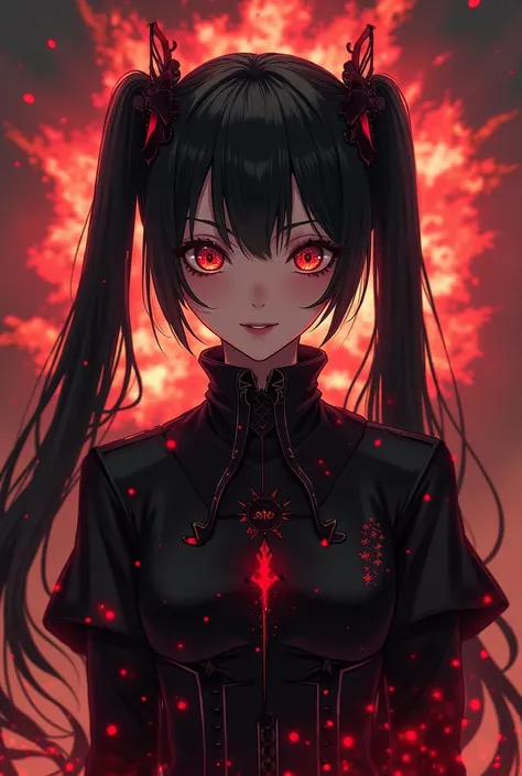 Create a Kurumi Tokisaki wallpaper with Lolitas astral clothing in black and crimson ,  that has two long, symmetrical pigtails in her hair that her right eye is red and her left eye is gold ,That the left eye has clockwise hands inside it , That she has a...