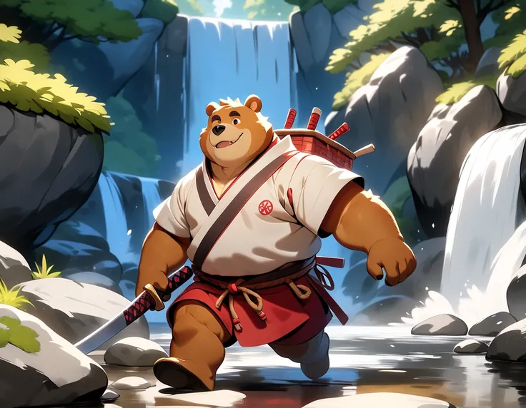  man with an overweight bear, masterpiece,  best quality , Brandishing a sword、 VERY BEAUTIFUL、samurai boy、white riding hood、Going to a waterfall 、 beautiful splashes 