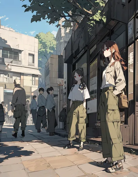 anime girl ,  Brown Hair  ,  long hair ,  red eyes  ,  expressionless eyes , pale skin , Lean body , top , cargo pants , square , Afternoon period  ,  people in the background , banks , trees , walking 