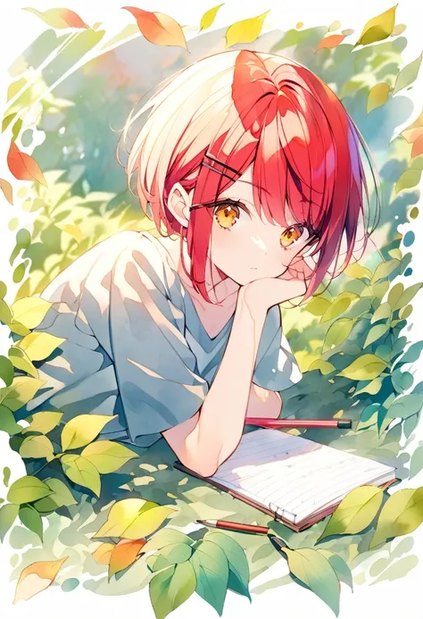 Watercolor colorful,shirayuki,girl,age 16,solo,red hair,short hair,hairpin,in leaves taking notes,shirayuki