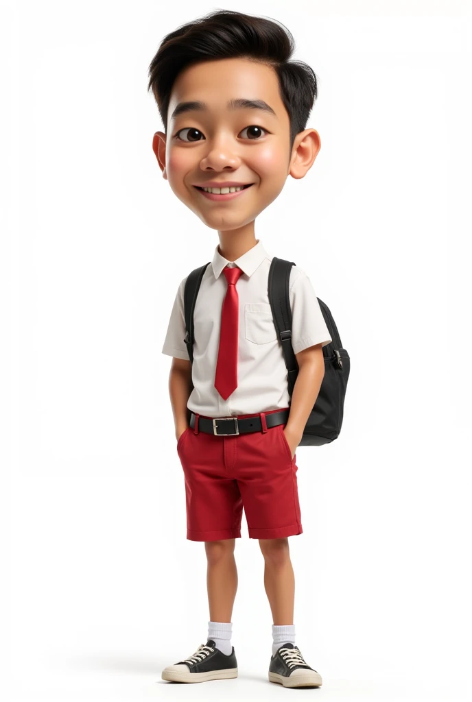 best quality, hyper realistic, extremely detail, sharp focus, photo caricature an indonesian    age   wearing a white shirt tucked with pocket in the left side, the shirt tucked into red shorts, wearing a red tie, black belt, short white sock, sneakers, ca...