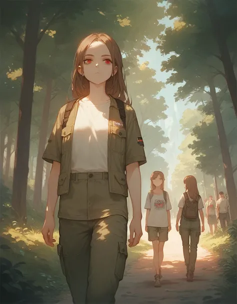 anime girl ,  Brown Hair  ,  long hair ,  red eyes  ,  expressionless eyes , pale skin , Lean body , top , cargo pants , square , Afternoon period  ,  people in the background , banks , trees , walking 