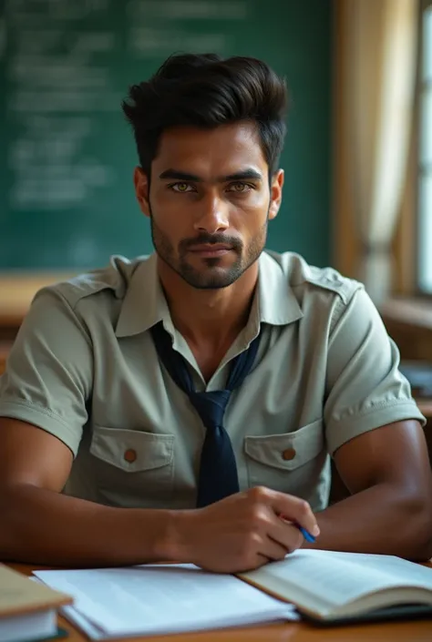 Yellow Eyes, High Resolution, Best Quality, HD, Quality, High Quality, Indian hot adult brown handsome man with hot muscular body wear fit school uniform in the classroom studying 