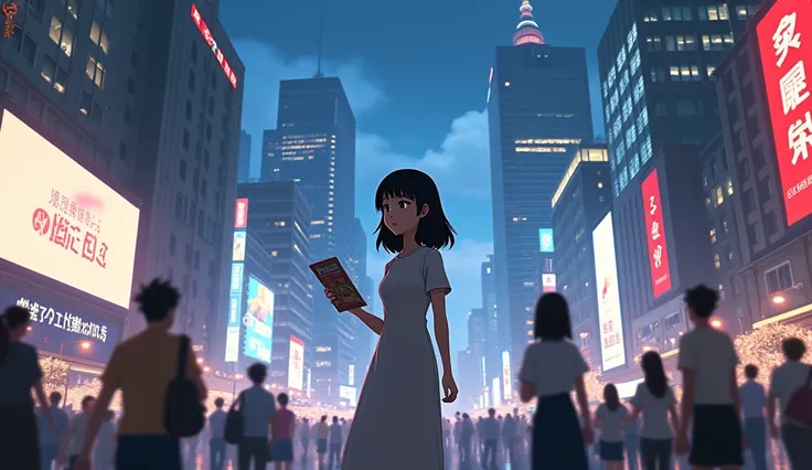  3D animation style Satsuki stood in a bustling city full of skyscrapers ， wearing a simple long dress that was slightly out of place ， holding a recruitment leaflet 。 She looked up at the huge LED screen ，There are mixed emotions in the eyes：; both yearni...