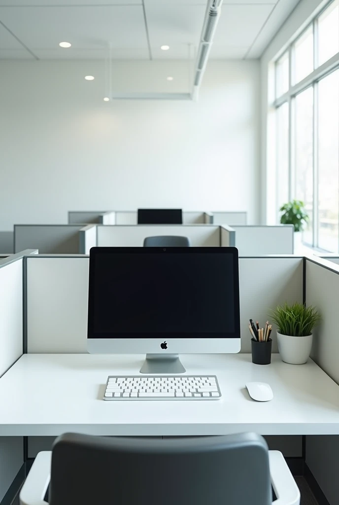 Cubicle office white desk, no people, have one computer and keyboard per desk, focus on one desk, first person view who sitting, front view, close up ,no plant