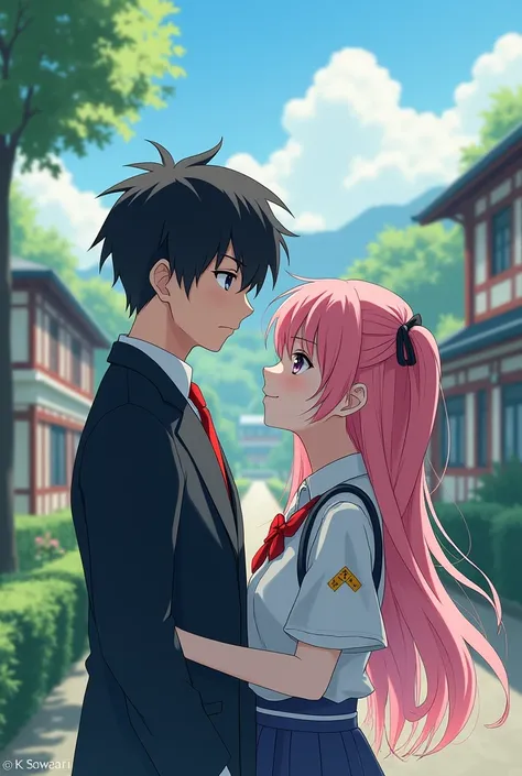 Couple school japanese (cold man and sweet pink hair girl), beautiful view, 8k resulation, aesthetic, background is outdoor, semi-realistic