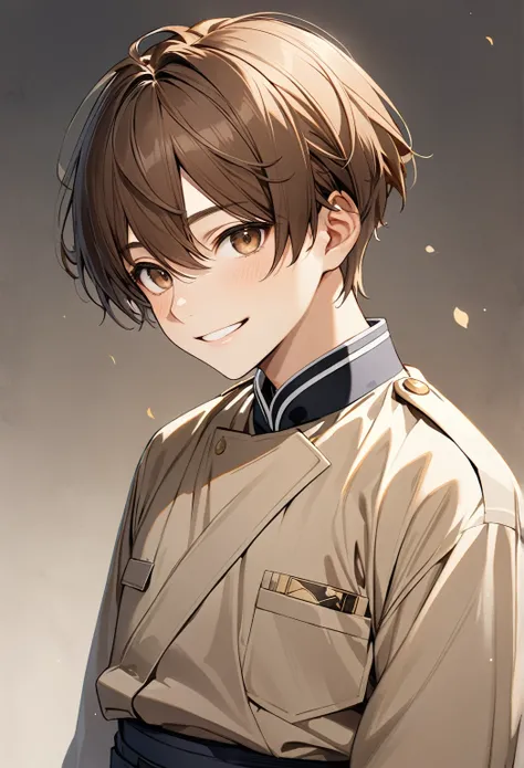  high definition ,  best quality,  high detail,  textured skin, One young man, solo, Brown Hair, bangs,  short hair on the side of the uniform,  mash hair,  crisp brown eyes,  smiles,  close your mouth, Hakama、whole body,  Illustration , 