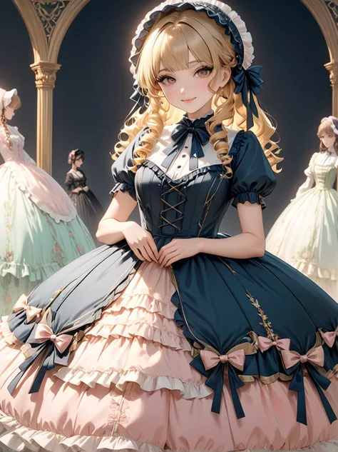 Full body shot 、Blonde hair,sidecurls,curls,brown eyes,black hair、long eyelashes,バーバリーチェック柄、タータンチェック柄、victorian dress,puffy short sleeves,frilled dress,collared dress,frilly wide brimmed Bonnet with bows,Fringe bangs  ,bustshot,masterpiece,highress,soft sm...