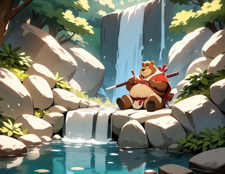  Overweight Bear Man, masterpiece,  best quality , Brandishing a sword、 VERY BEAUTIFUL、samurai boy、white riding hood、Going to a waterfall 、Waterfall Training 、Sit under a waterfall、(Bathing in the waterfall)、 beautiful splashes 