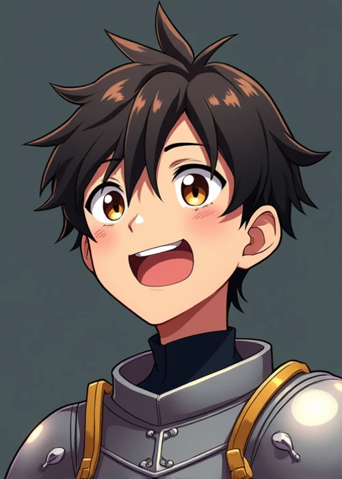 anime portrait, young male knight, funny face, dark grey background