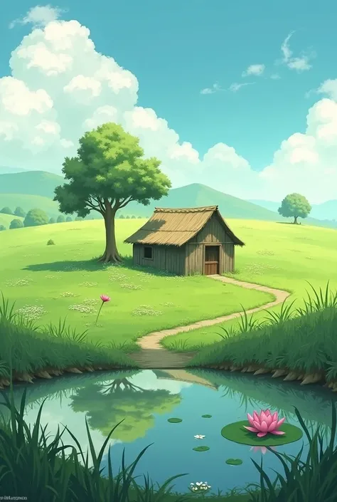 Picture of a field with a hut, a tree, a pond with a lotus.