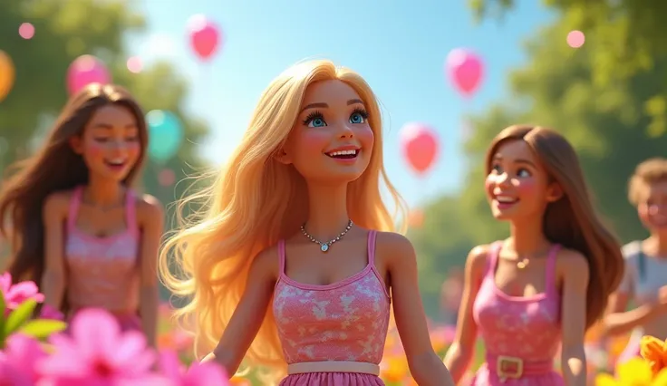 Barbie playing happily with her friends in a colorful park. She is laughing with friends while they play with toys and enjoy the sunshine. There are flowers, balloons, and a blue sky in the background, showing a joyful atmosphere.