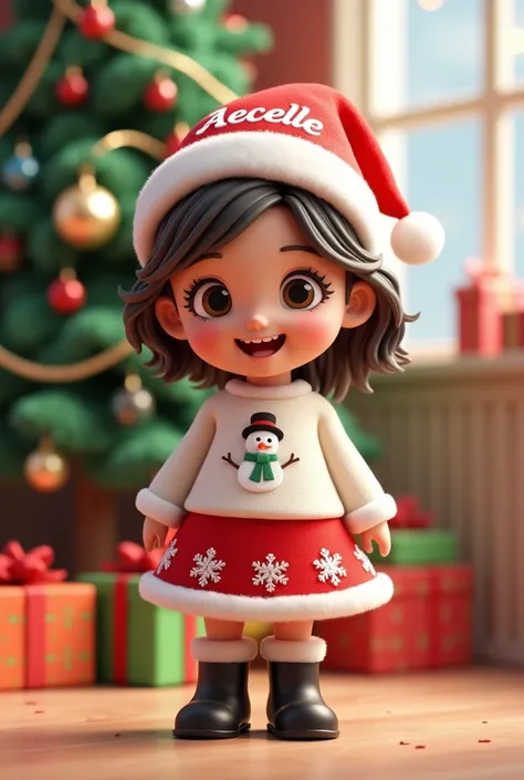 This is a 3D rendered image of a cute cartoon women named Aecelle, She is wearing a Santa hat with her name on it, a white shirt with a snowman design, a red skirt with white snowflake trim, and black boots. She is standing in front of a decorated Christma...