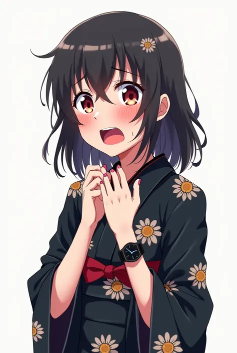 Anime girl with black yukata with worried flowers and with a white background and a full body and with pink nails and a black watch with her fists on her chest both hands with an emotion of nervousness and with an expression of concern and a feeling of sad...