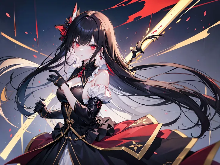  A fallen angel with dark hair looks directly at the audience ， Her red eyes are sharp and strong 。, and her long flowing hair falls like a river at night ， Delicate hair shines in the dim light 。 one with puffy sleeves and The black dress with split colla...