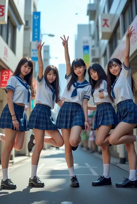 
Surreal, in a corner of the streets of Shinjuku, five Japanese female students wearing school uniforms (cute, beautiful, or innocent) with fair skin were posing in various poses together. They wore blue-collared white sailor suits and blue plaid skirts wi...