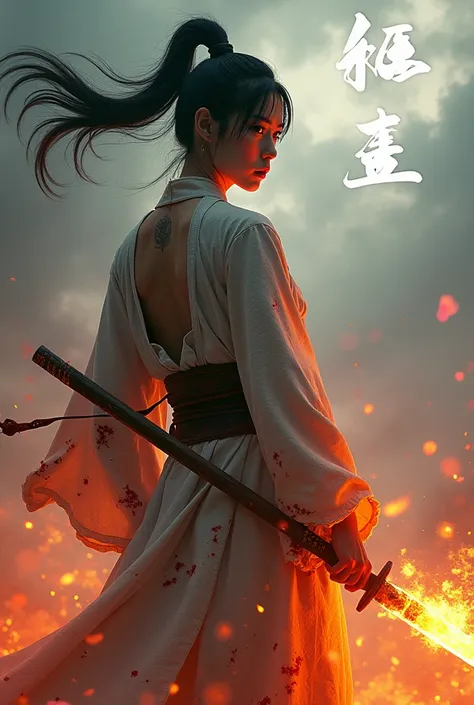 A cinematic image of Kibo Daihon, the demon female warrior, stands at the edge of a turbulent sky, her dark hair tied in a high ponytail framing her face amidst flames and smoke. Her sexy muscular body, covered in scars, wears a tattered kimono with bloods...