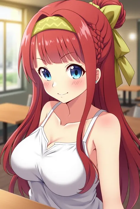 High Resolution, Long Hair, Braid, Long Hair, Braid, Red Hair, Red Hair, Single Braid, Swept Bangs, Side Braid, Braided Ponytail, Crown Braid, Breasts, Large breasts, Earrings, Blush, Smile, Blue eyes, Closed Mouth, Smile, Happy, Wide-Eyed, restaurant back...