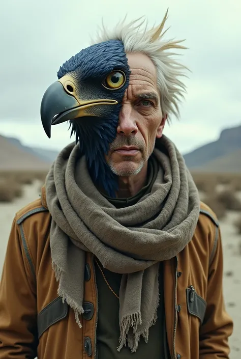 A man with half his face turned into a bird wearing a scarf and waste lander clothes