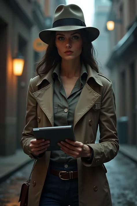  A woman who wears a classic trench coat and a fedora hat , In the style of the detectives of yesteryear ,  but with a modern touch .  She always has a tablet in her hand and a belt full of digital tools.  Her eyes are sharp and she is always attentive to ...